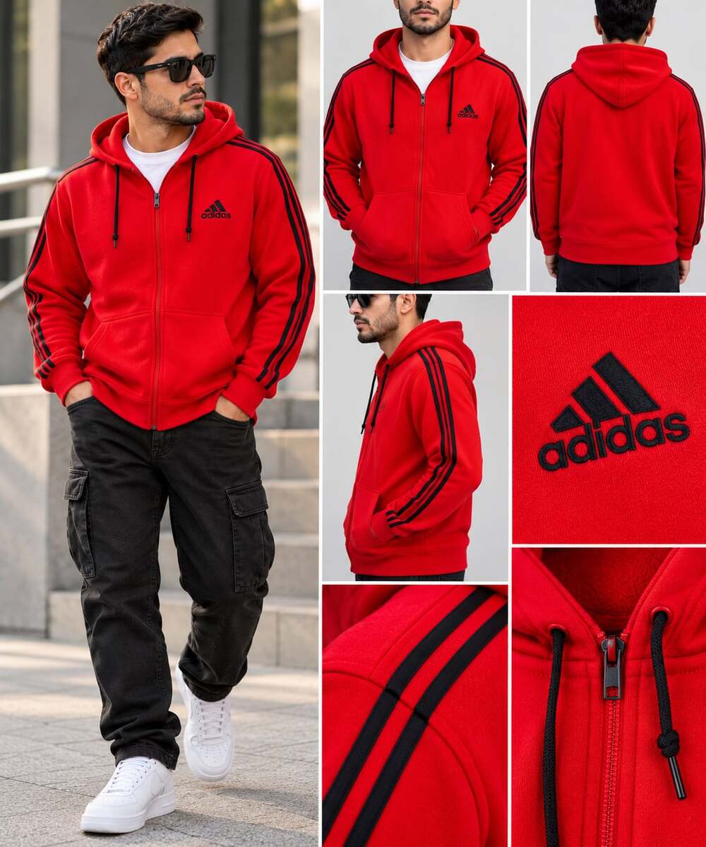 adidas Essentials 2- Stripes Fleece Hoodie - Red